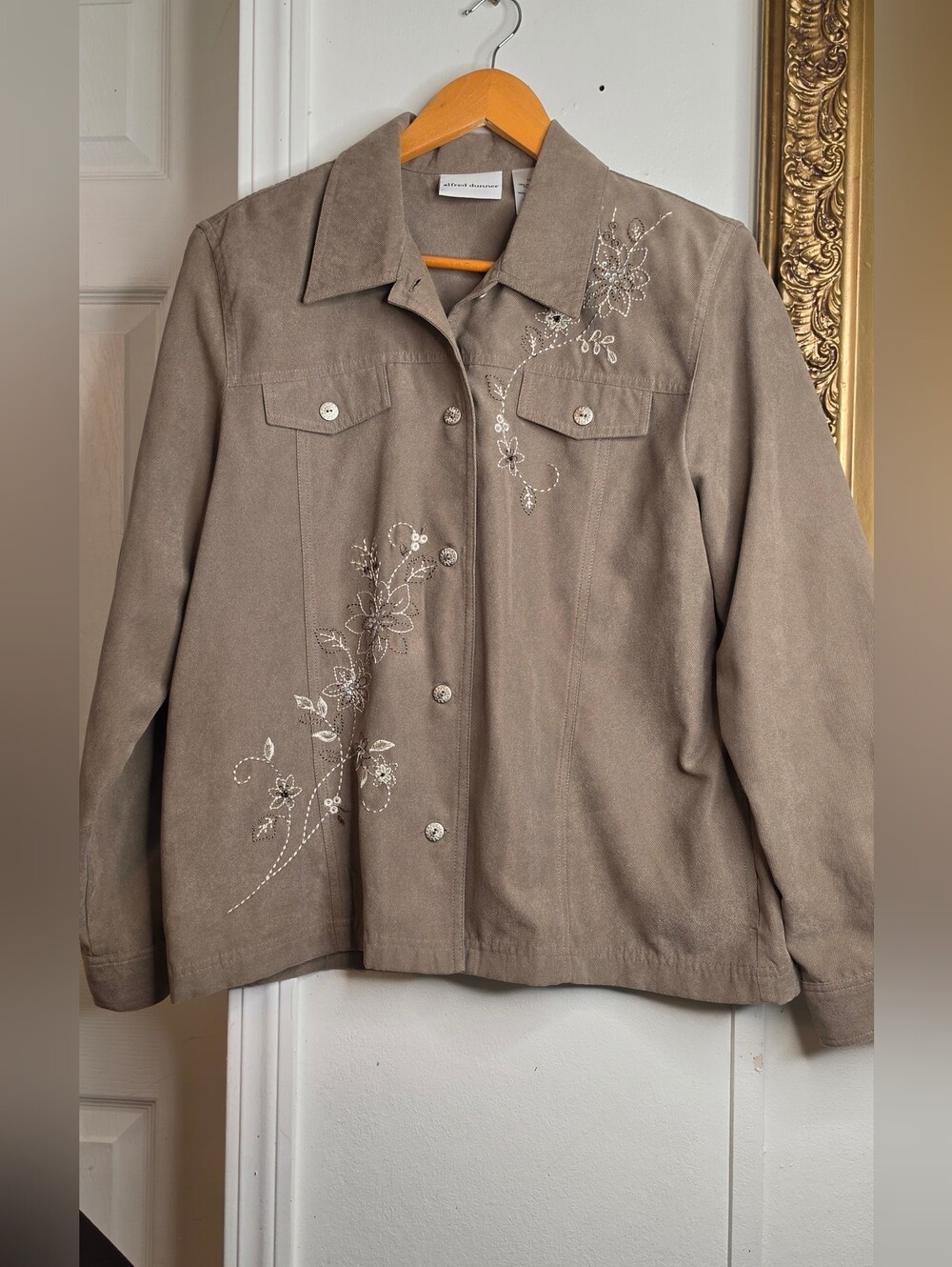 Alfred Dunner Taupe Floral-Embroidered Faux-Suede Jacket